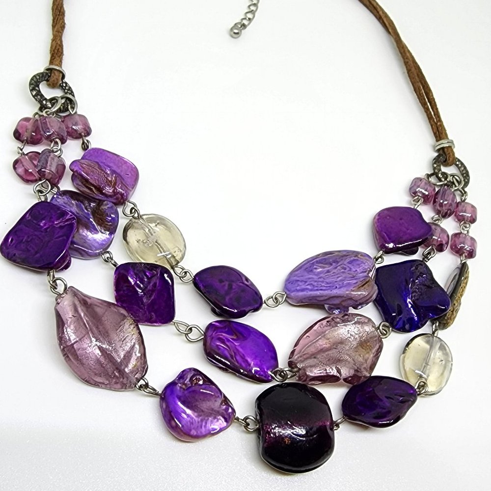 Purple Glass and Abalone Mother-of-Pearl Triple Strand Leather Chain Necklace - Picture 8 of 14